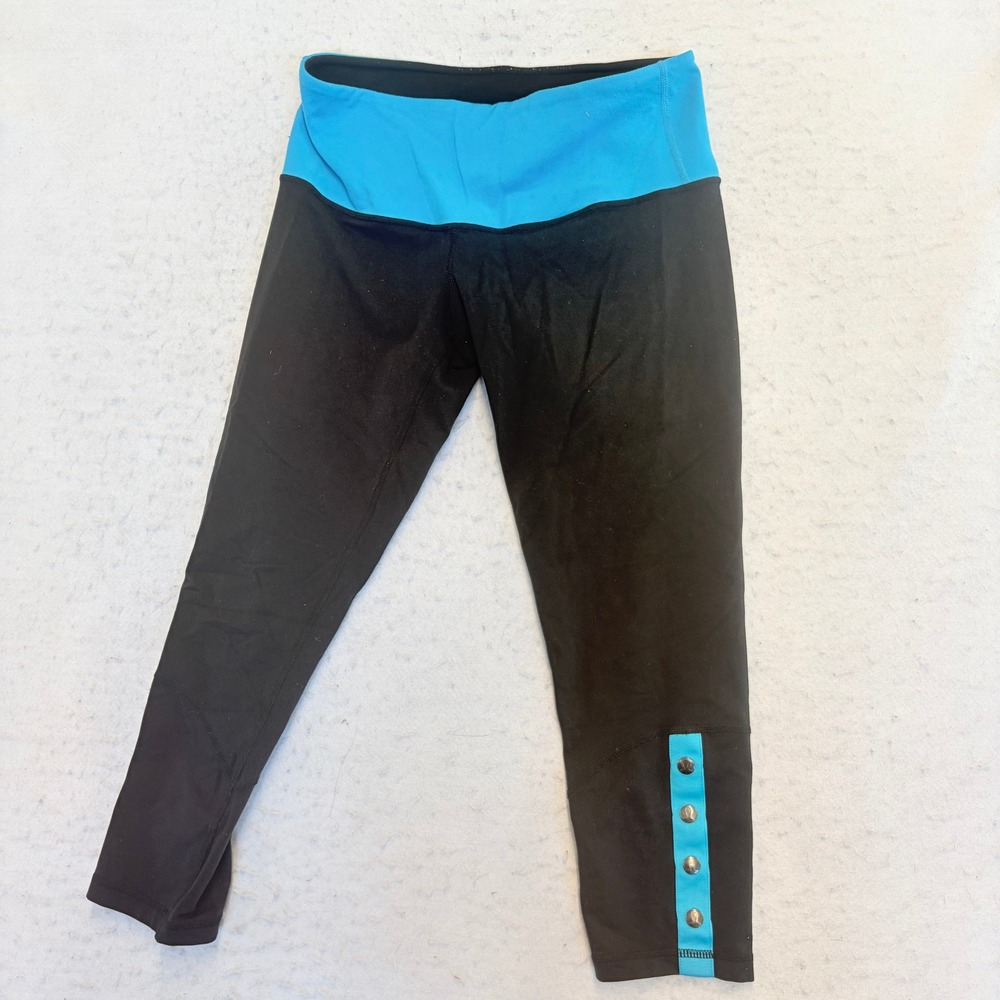 Lululemon Cropped Leggings Womens 6 Black Blue Snap Button Hem Mid Rise